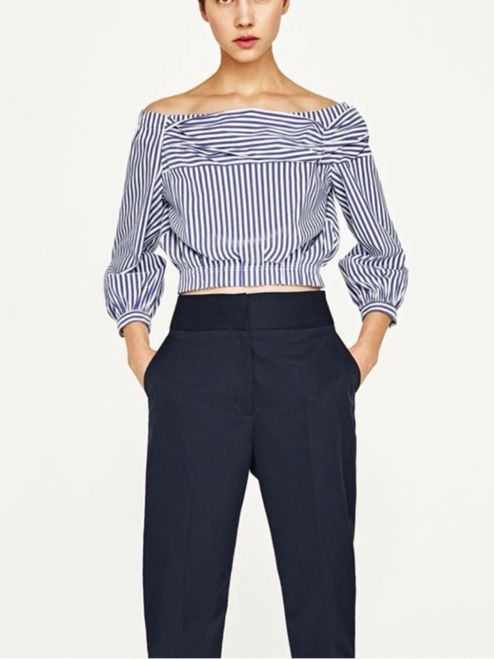 Zara Blue and White Striped Off-Shoulder Blouse